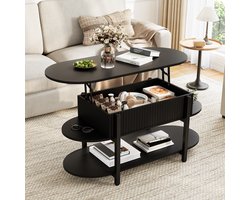 Ovaal Salontafel met Hefmechanisme en Opbergruimte, Moderne Koffietafel met Open Planken, Salontafel Afgerond voor Woonkamer en Kantoor, 106 x 45 x 50 cm, Zwarte