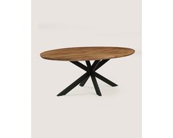 Ovale Eettafel 140 cm Mangohout – Bruin – Zwart Metalen Matrix Onderstel – Elegant Chic – 3-4 Personen