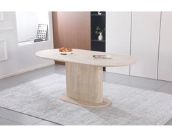 Ovale Eettafel 180 x 90 cm – Travertin Beige Look – MDF Houten Tafel voor 6 tot 8 Personen – Moderne Design Eettafel met Centrale Poot – Abkantoor