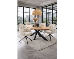 Ovale Eettafel 220 cm Mangohout Naturel met 4 Draaibare Beige Eetkamerstoelen
