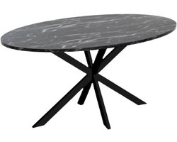 Ovale eettafel - Design eetkamertafel - Voor gezellig tafelen - Met marmerlookblad - 160 cm lang - Zwart