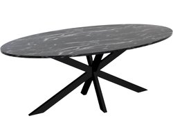 Ovale Eettafel - Eetkamertafel - Samen Eten - Marmerlook Blad - 210cm Lang - Zwart