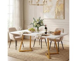Ovale Eettafel – Ronde Tafel – Marmeren Eettafel – Witte Eettafel – 6 Persoons Tafel – 140x80x75 cm – Wit Met Gouden Accenten – Met Stevig Metalen Onderstel
