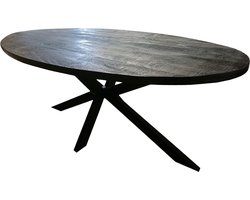 Ovale Eettafel - Zwart Mangohout - 160x90x76cm - Spinpoot Metaal - Mat Gelakt