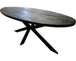 Ovale Eettafel - Zwart Mangohout - 210x100x76cm - Spinpoot Metaal - Mat Gelakt