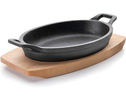 Ovale gietijzeren pan met houten onderstel, 15 x 10 cm