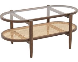 Ovale glazen salontafel met 2 niveaus en rotan voor woonkamer en kantoor