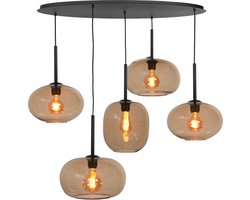 Ovale hanglamp Bellini 5 lichts amber | bruin / zwart | ovaal / niet spiegelend glas / metaal | in hoogte verstelbaar tot 160 cm | 100 cm breed | eetkamer / eettafel lamp | modern / sfeervol design