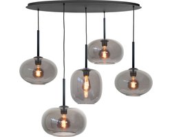 Ovale hanglamp Bellini 5 lichts | smoke / zwart | niet spiegelend | glas / metaal | in hoogte verstelbaar tot 160 cm | 100 cm breed | eetkamer / eettafel lamp | modern / sfeervol design