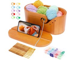 Ovale houten garenschaal met deksel, grote haakschaal voor wol en haakgaren, ideale draagbare garenhouder en breischaal, perfect creatief cadeau voor brei- en haakliefhebbers in lichtbruin, handig en stijlvol