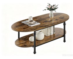 Ovale houten salontafel met 2 niveaus - Open plank - Industriële stijl metalen frame - Retro bruine houtafwerking - Vintage woonkamermeubel - Retro kleur