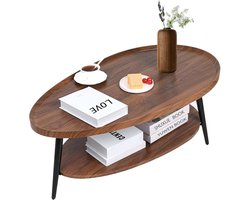 Ovale houten salontafel met opbergruimte - moderne woonkamertafel voor thuiskantoor, eenvoudig te monteren en industrieel design