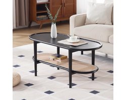 Ovale Houten Salontafel met Rotan Opbergplank voor Woonkamer