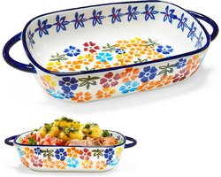 Ovale keramische ovenschaal voor lasagne en ovenschotels, met handvatten, 23.5 x 13 x 5 cm, hittebestendig en geschikt voor magnetron, vintage bloemenprint