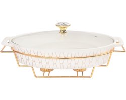 Ovale ovenschaal met glazen deksel en rooster - 1600 ml porselein soepterrine voor buffetten en feesten
