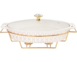 Ovale ovenschaal met glazen deksel en rooster - 1600 ml porselein soepterrine voor buffetten en feesten