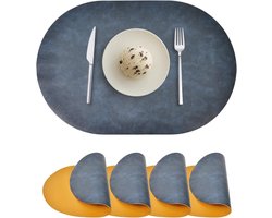Ovale Placemats - Tafelmatten Kunstleer - Eettafel Beschermen - Dubbelzijdig Ontwerp - Set van 4 - Blauw/Geel