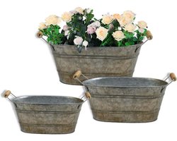 Ovale plantenbakken voor buitenplanten - Gegalvaniseerd metaal met afvoergat, rubberen plug en handgrepen - Vintage stijl voor boerderij en tuindecoratie