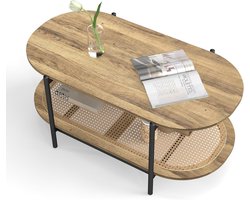 Ovale Rattan Salontafel van Hout – Landhuisstijl Woonkamertafel met Gevlochten Plank