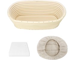 Ovale rijsmand, 25 x 15 x 8 cm, rijsmandenset voor brood, gemaakt van natuurlijk rotan met schraper en linnen voering, rijsmand voor brood, geschikt voor 900 g deeg voor het bakken van prachtig brood - Keukengereedschap