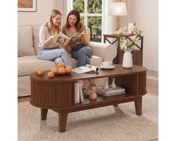 Ovale Salontafel 100x50 cm met 2 Verborgen Opberglades en 2 Open Legplanken, Retro Houtnerf, Koffietafel voor Woonkamer Balkon en Woonruimte, Walnootkleur