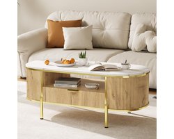 Ovale Salontafel - 122x56x48cm - Koffietafel - Imitatie Marmerlook MDF Tafelblad - Opberglade En Open Plank - MDF Middentafel - Voor Woonkamer - Houtkleur