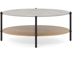 Ovale salontafel – 2 lagen, stenen blad, metalen frame, met opbergruimte, woonkamer