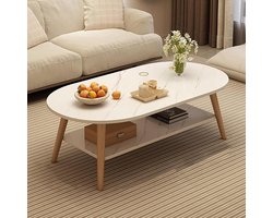Ovale Salontafel - Bijzettafel Koffietafel - Woonkamer Decoratie - Twee Laags Opslag - 80 x 101 cm - Licht Wit Eiken
