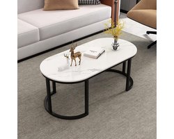Ovale Salontafel - Eettafel Midden - Woonkamer Decoratie - Verdikt Steen Tabletop - 100 cm Breed - Wit Grijs