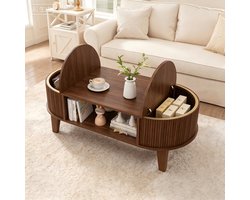 Ovale salontafel met opbergruimte 100x50x40,5 cm - Houten salontafel walnootkleur met opklapbaar blad, verborgen vak en open plank voor woonkamer