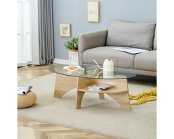 Ovale salontafel van veiligheidsglas – 104,9 x 60 cm, multifunctioneel ontwerp. Tafelblad met lichtgekleurde, diagonaal geplaatste vakken en geïntegreerde opbergruimte. Geschikt voor eetkamers.