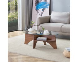 Ovale salontafel van veiligheidsglas – 104,9 x 60 cm, tafelblad met walnootkleurige, diagonaal geplaatste vakjes en een geïntegreerde opbergplank. Geschikt voor eetkamers.
