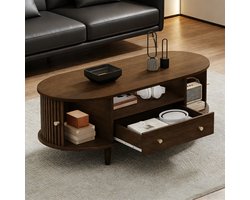 Ovale Salontafel Walnoot - Koffietafel Met Lade - Houten Woonkamertafel - 100x50x36 cm - Met Opbergruimte En Roldeuren - Voor Woonkamer Walnootkleur