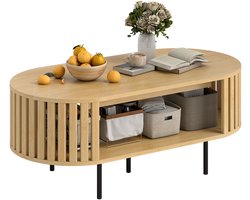 Ovale salontafel - woonkamertafel met opbergruimte - afgeronde hoeken - lattenontwerp - 100 x 50 x 40 cm - natuurlijke houtlook