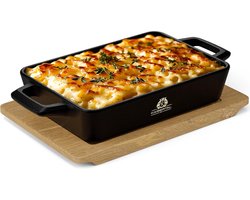 Ovale Serveerpan Gietijzer 16x11 cm met Houten Onderzetter - Geschikt voor Inductie en Oven