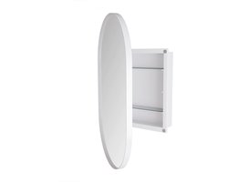 Ovale spiegelkast, inbouw medicijnkastje, wandkast met metalen frame, spiegel en verstelbare planken, spiegelkast met opbergruimte voor badkamer, woonkamer en slaapkamer, wit