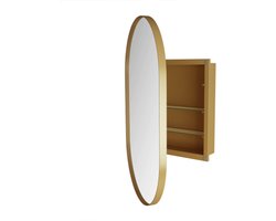Ovale spiegelkast, inbouw medicijnkastje, wandkast met metalen frame, spiegel en verstelbare planken, spiegelkast met opbergruimte voor badkamer, woonkamer en slaapkamer, goud