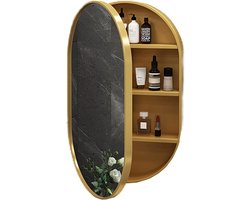 Ovale spiegelkast - Wandkast medicijn - Badkamer opbergen - Massief houten frame - 40 x 70 cm - Goud
