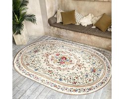 Ovale tapijten woonkamer woondecoratie, veelkleurig, 110 x 180 cm, vintage bloemenpatroon rood groen blauw, antislip tapijt voor houten vloeren decoratief tapijt,