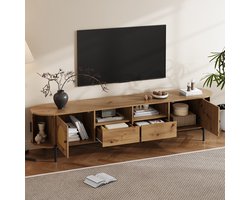 Ovale tv-meubel met rotan en lade - multifunctionele woonkameropbergkast - houtkleur
