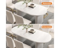 Ovale Uittrekbare Eettafel HomeByNicole – Japanse Massief Houten Eetkamertafel 160-200,7 cm – Witte Kalklook – Geschikt voor 4-6 Personen – Moderne Rustieke Keukentafel met Dubbele Sokkel