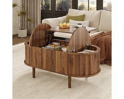 Ovale verstelbare salontafel met opbergruimte - retrostijl - woonkamer salontafel - multifunctionele opbergtafel - walnotekleur