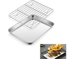 Ovenplaat met Afkoelrooster 26 x 20,5 x 2,5 cm - Roestvrij Stalen Bakvorm met Koelrooster voor Bakken, Braden en Serveren - Ovenschaal en Taartrooster