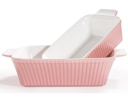 Ovenschaal Keramiek - Hoekige Lasagnevorm voor Ovenschotels - in Roze Set (Groot & Klein)