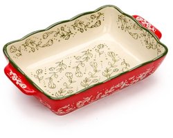 Ovenschaal klein keramiek 1-2 personen - handbeschilderd bloemen - rood crème