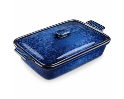 Ovenschaal - Ovenschaal met Deksel - Braadslede Keramiek -Lasagneschaal - Rechthoekig - 1,8 Liter - 31 x 18,5 x 7,2 cm - Blauw