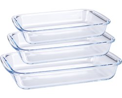 Ovenschalen Set - 3-Delig - Glas - Vaatwasserbestendig - Rechthoekig - 2,2L, 1,6L en 1L - Extra Stevig - Transparant