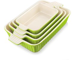 Ovenschalen Set van 4 Stuks - Porseleinen Bakvormen in 4 Formaten - Groene Casserole Schalen - Ovenbestendige Cakevormen, Broodvormen, Soepborden en Ovenschalen - Vaatwasser- en Magnetronbestendig - Stapelbaar en Hittebestendig tot 240°C
