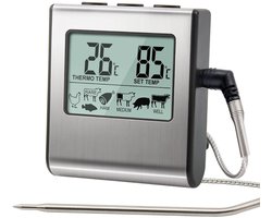 Oventhermometer Ovenbestendig - Digitaal - Koken Vlees - Thermometer - Voor Rookoven Keuken - Snoep BBQ - Barbecue - Thermometer Klok Timer - Met Roestvrijstalen Temperatuursensor - Groot LCD-Scherm - Zilver