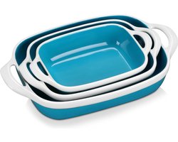Ovenvorm, ovenschaal porselein, 3-delige rechthoekige bakvorm met afgeronde hoeken, quichevorm, bakvormen, lasagnepannen met handgrepen